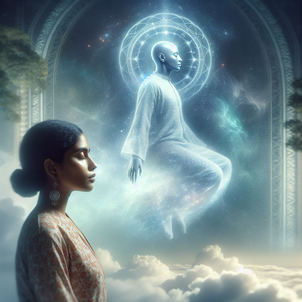 A woman meditating and levitating with a silvery astral form floating above her.